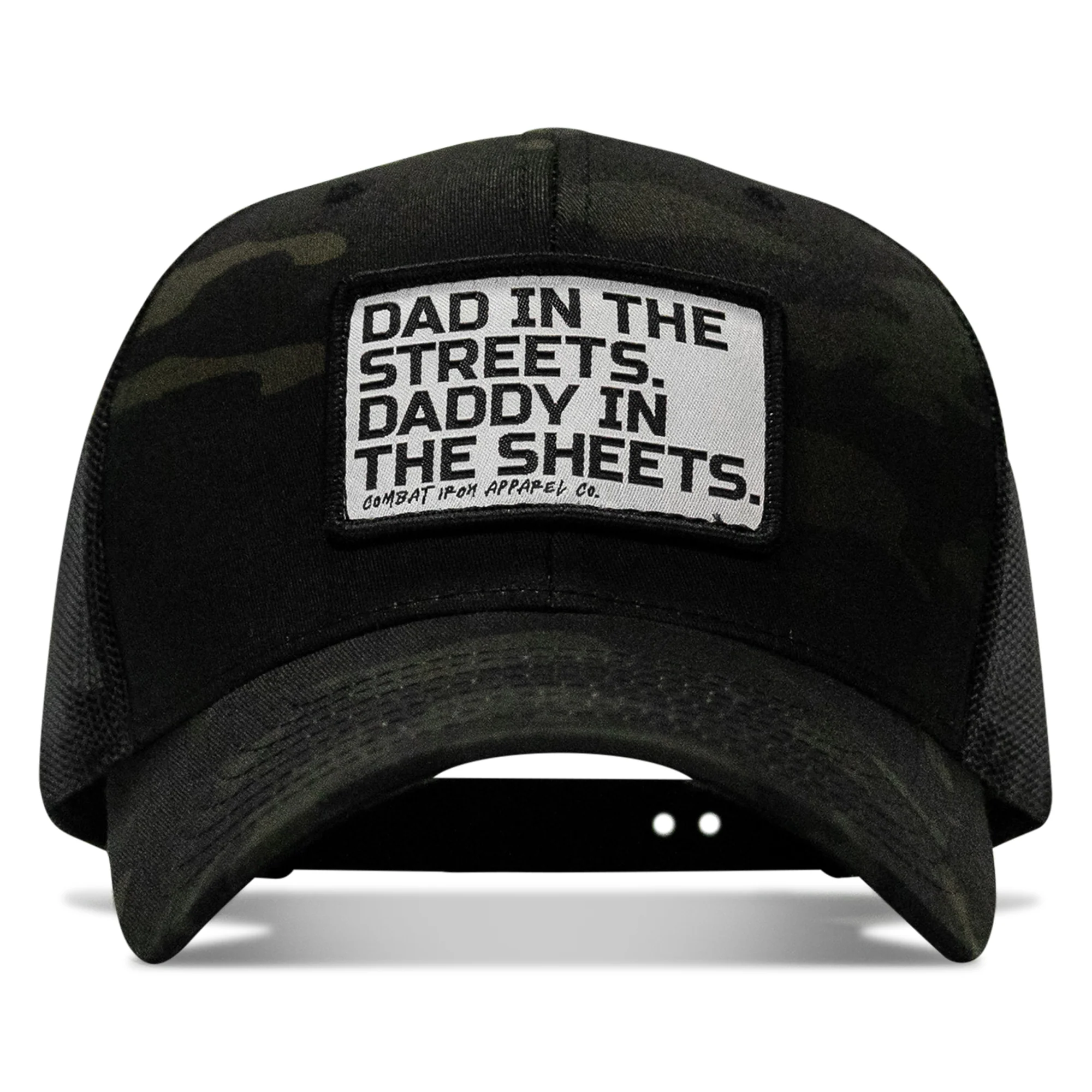 Dad In The Streets. Daddy In The Sheets. White Patch Snapback Hat - Image 18