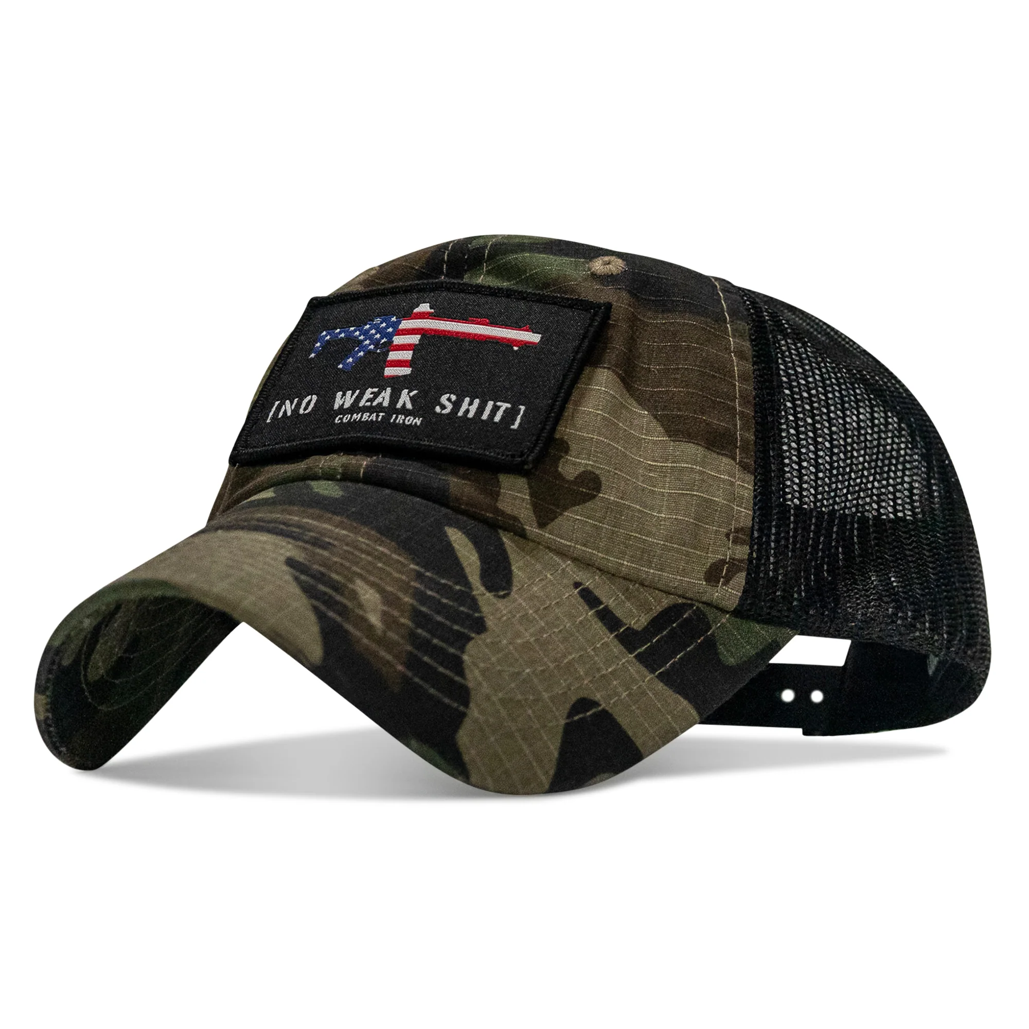 No Weak Shit American Flag Rifle Patch Tactical Ripstop Mesh Snapback Hat - Image 2