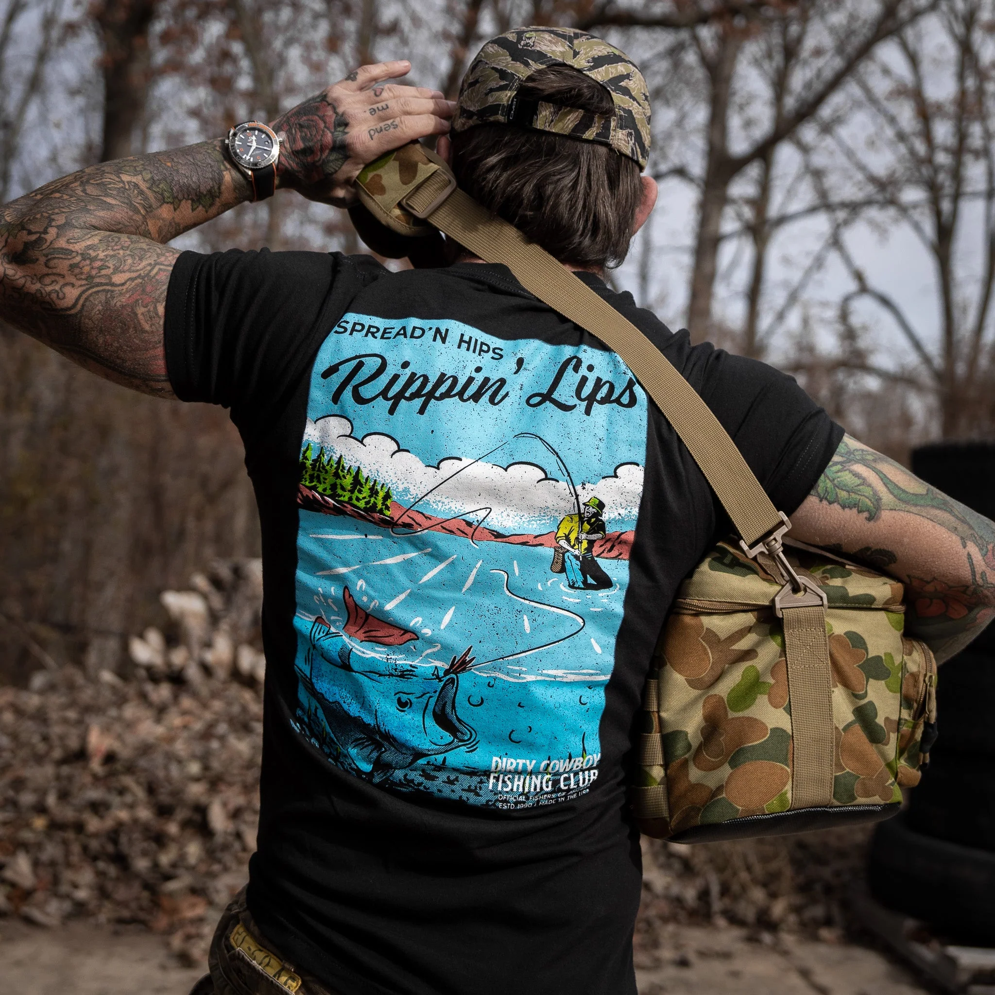 Spreadin' Hips & Rippin' Lips Fishing Club Men's T-Shirt - Image 11