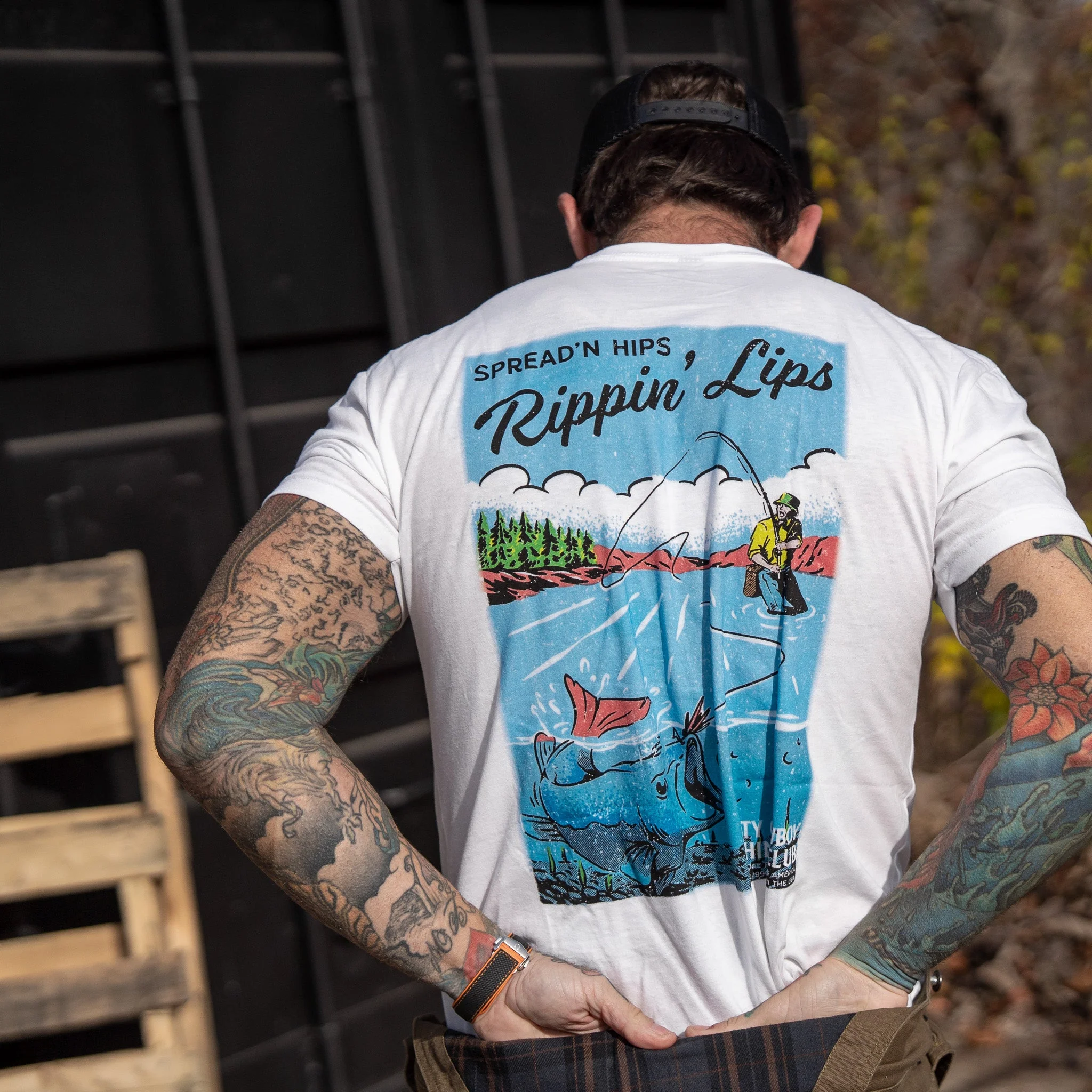 Spreadin' Hips & Rippin' Lips Fishing Club Men's T-Shirt - Image 15